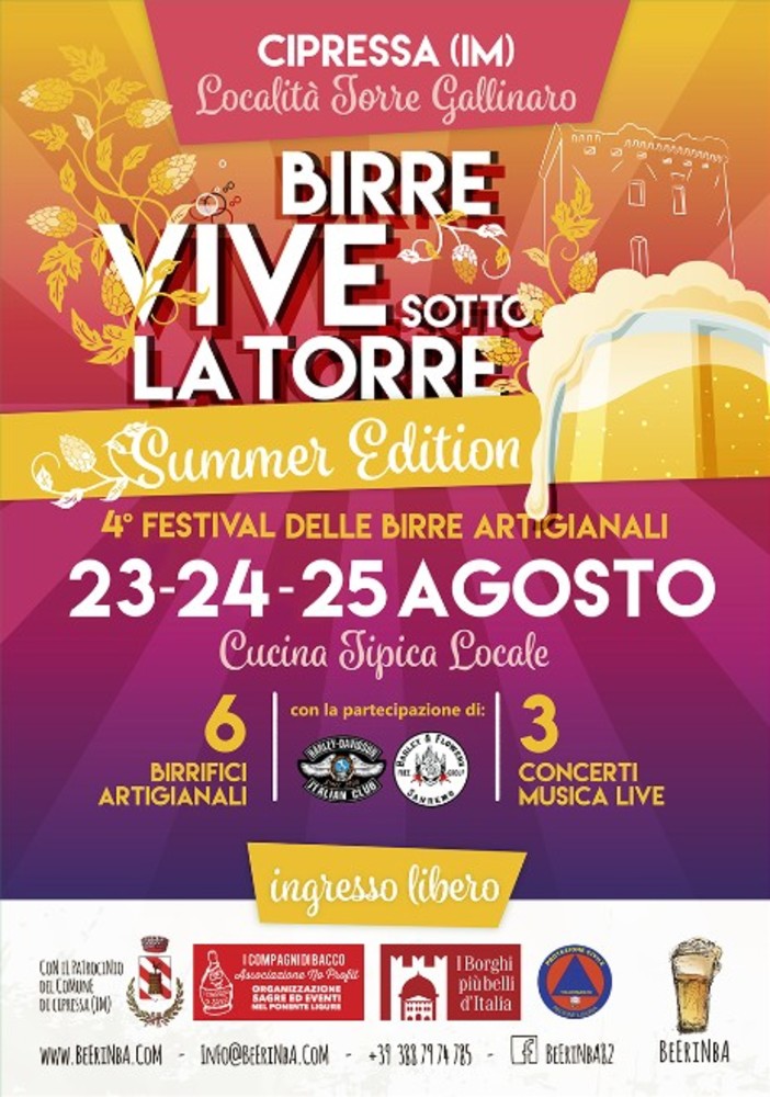 Cipressa: il 23 agosto al via il 4° Festival delle birre artigianali “Birre Vive sotto la Torre Summer Edition” Cipressa: il 23 agosto al via il 4° Festival delle birre artigianali “Birre Vive sotto la Torre Summer Edition”