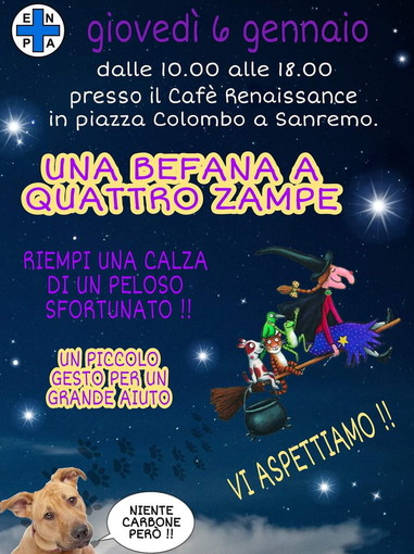 Sanremo: domani al 'Cafè Reinassance' l'iniziativa 'Befana a quattro zampe' con i volontari Enpa