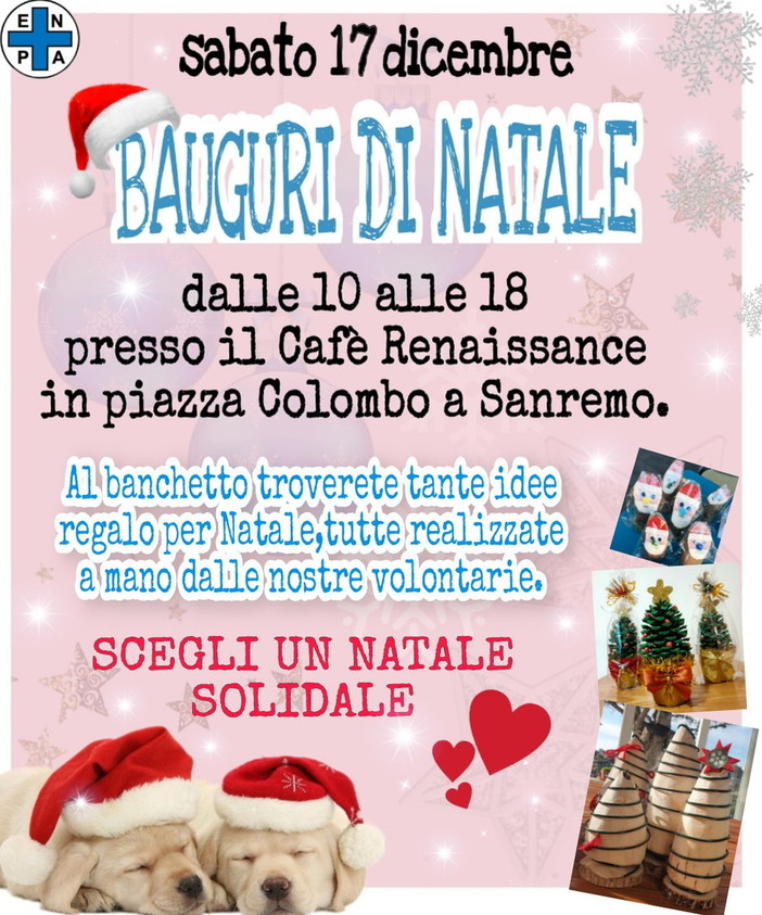 Sanremo: sabato prossimo in piazza Colombo il banchetto dell'Enpa per i regali di Natale solidali Sanremo: sabato prossimo in piazza Colombo il banchetto dell'Enpa per i regali di Natale solidali
