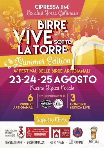 Cipressa: il 23 agosto al via il 4° Festival delle birre artigianali “Birre Vive sotto la Torre Summer Edition” Cipressa: il 23 agosto al via il 4° Festival delle birre artigianali “Birre Vive sotto la Torre Summer Edition”