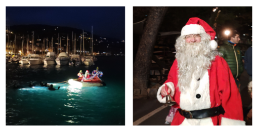 Slitta trainata da subacquei, a Bordighera Babbo Natale arriva dal mare (Foto e video)