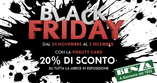 Da Benza di Sanremo il Black Friday vi aspetta da oggi e per tutta la prossima settimana con il 20% di sconto totale Da Benza di Sanremo il Black Friday vi aspetta da oggi e per tutta la prossima settimana con il 20% di sconto totale