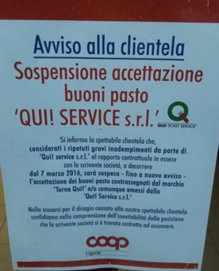 "Ripetuti gravi inadempimenti": la Coop Liguria sospende l'accettazione dei buoni pasto di 'Qui! Service Srl'