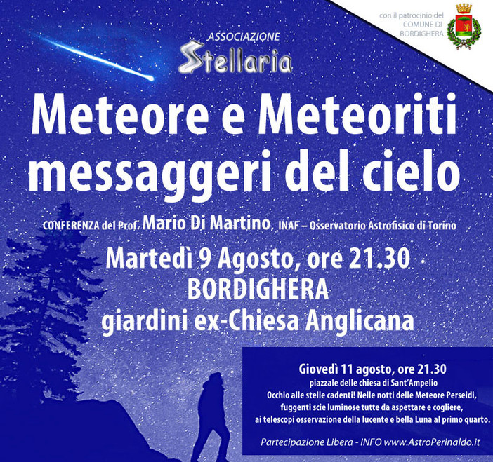 Bordighera: questa sera alla ex Chiesa Anglicana conferenza "Meteore e Meteoriti" con il prof. Mario Di Martino Bordighera: questa sera alla ex Chiesa Anglicana conferenza "Meteore e Meteoriti" con il prof. Mario Di Martino