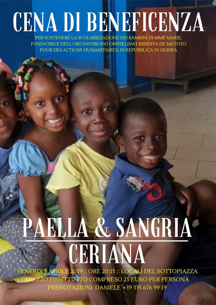 Ceriana: torna venerdì prossimo la cena di beneficenza per raccogliere fondi per un orfanotrofio in Guinea