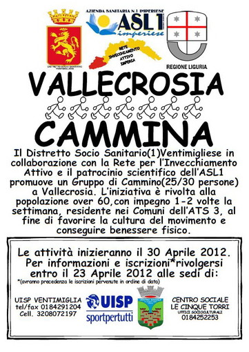Vallecrosia: il 2 maggio, partono i 'Gruppi Cammino' del Distretto Sociosanitario 1 Vallecrosia: il 2 maggio, partono i 'Gruppi Cammino' del Distretto Sociosanitario 1