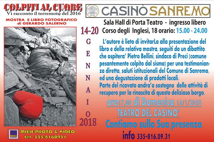 Sanremo: domenica al Casinò il libro fotografico “Colpiti al cuore. Vi racconto il terremoto del 2016 in Italia centrale”