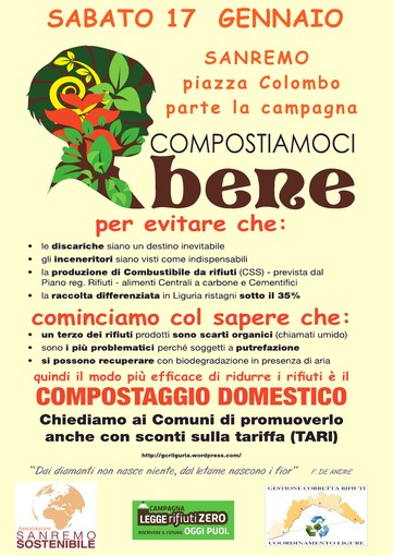 'Sanremo Sostenibile' aderisce all'iniziativa 'Compostiamoci bene'. Sabato 17 gennaio banchetto in P.za Colombo 'Sanremo Sostenibile' aderisce all'iniziativa 'Compostiamoci bene'. Sabato 17 gennaio banchetto in P.za Colombo