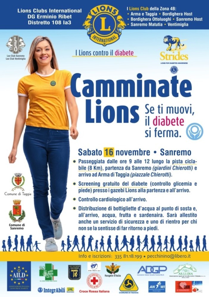 Lotta al diabete: con i Lions una camminata da Sanremo ad Arma di Taggia e screening medici