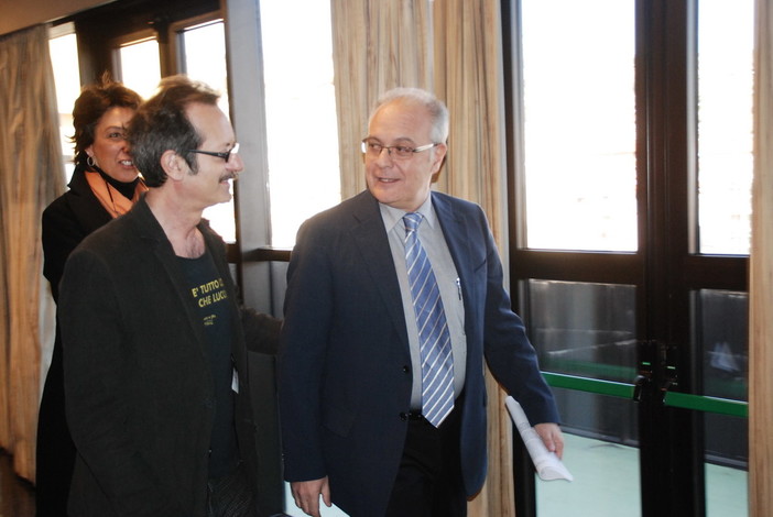 Rocco Papaleo insieme a Mauro Mazza all'ingresso della sala stampa