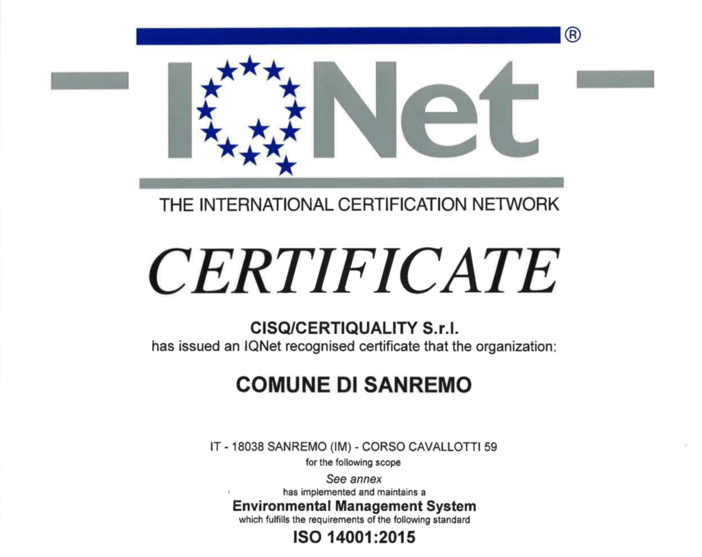 Sanremo è sempre più “green”, la Città dei Fiori ottiene la certificazione ambientale ISO 14001