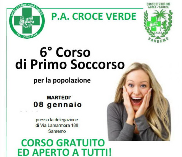 Da martedì 8 gennaio inizierà il sesto corso di ‘Primo Soccorso’ organizzato dalla Croce Verde Arma Taggia Da martedì 8 gennaio inizierà il sesto corso di ‘Primo Soccorso’ organizzato dalla Croce Verde Arma Taggia