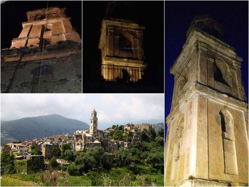 Il campanile della 'chiesa grande' illuminato al tramonto
