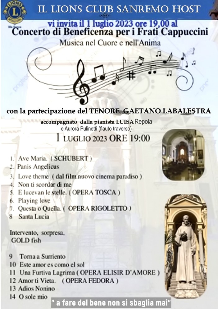 Sanremo: alla chiesa dei Frati Cappuccini concerto benefico per sostenere i Frati Cappuccini Sanremo: alla chiesa dei Frati Cappuccini concerto benefico per sostenere i Frati Cappuccini