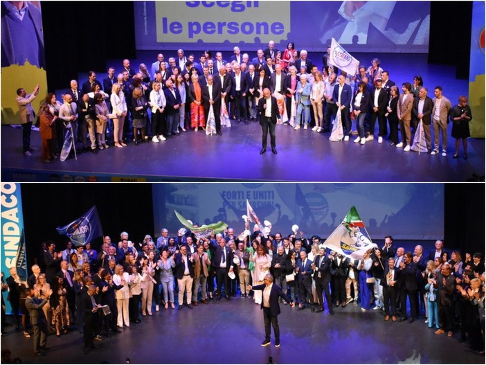 I due candidati sindaco con le loro liste sul palco dell'Ariston I due candidati sindaco con le loro liste sul palco dell'Ariston