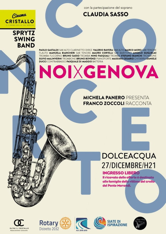 Dolceacqua: 'Noi x Genova', giovedì 27 dicembre al Cristallo un concerto della 'Sprytz swing band' Dolceacqua: 'Noi x Genova', giovedì 27 dicembre al Cristallo un concerto della 'Sprytz swing band'