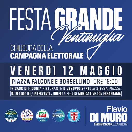 Elezioni Ventimiglia: il candidato sindaco Flavio Di Muro chiude la campagna elettorale in piazza Falcone e Borsellino Elezioni Ventimiglia: il candidato sindaco Flavio Di Muro chiude la campagna elettorale in piazza Falcone e Borsellino