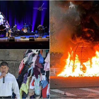 A destra: l'incendio della 'Venere degli Stracci' a Napoli (foto Ansa). A sinistra, dall'alto: la 'Venere degli stracci' al Tenco 2018 e Don Rito Alvarez A destra: l'incendio della 'Venere degli Stracci' a Napoli (foto Ansa). A sinistra, dall'alto: la 'Venere degli stracci' al Tenco 2018 e Don Rito Alvarez