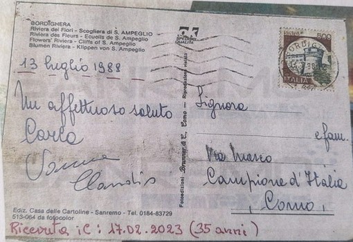 Una cartolina spedita da Bordighera a Campione d'Italia: tutto normale? No, è arrivata dopo 35 anni Una cartolina spedita da Bordighera a Campione d'Italia: tutto normale? No, è arrivata dopo 35 anni