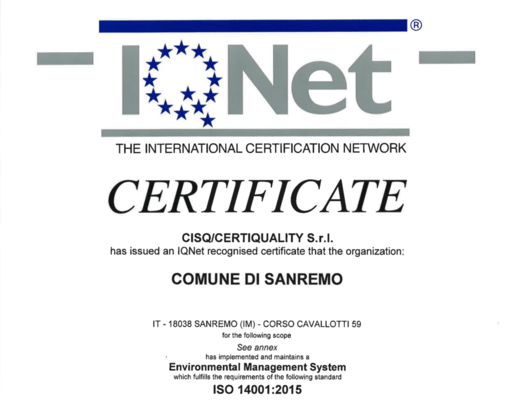 Sanremo è sempre più “green”, la Città dei Fiori ottiene la certificazione ambientale ISO 14001 Sanremo è sempre più “green”, la Città dei Fiori ottiene la certificazione ambientale ISO 14001