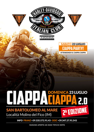 San Bartolomeo Al Mare: sabato e domenica il "Ciappa Ciappa 2017" organizzato dall'Harley Davidson Italian Club San Bartolomeo Al Mare: sabato e domenica il "Ciappa Ciappa 2017" organizzato dall'Harley Davidson Italian Club