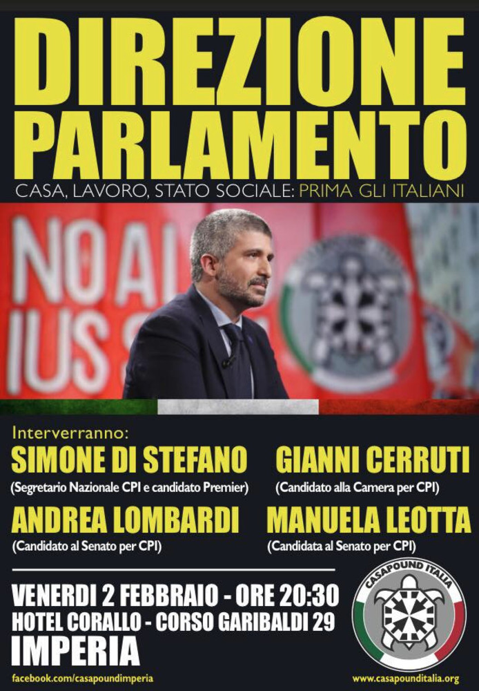 Imperia: il Segretario Nazionale di CasaPound Simone Di Stefano, venerdì prossimo presenterà il programma elettorale all'Hotel Corallo Imperia: il Segretario Nazionale di CasaPound Simone Di Stefano, venerdì prossimo presenterà il programma elettorale all'Hotel Corallo