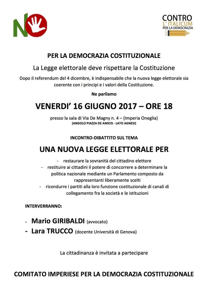 Imperia: venerdì sera incontro sulla legge elettorale promosso dal Coordinamento Imperiese per la Democrazia Costituzionale Imperia: venerdì sera incontro sulla legge elettorale promosso dal Coordinamento Imperiese per la Democrazia Costituzionale