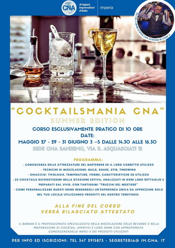A maggio e giugno ritorna 'Cocktailsmania', l'atteso corso di Barman della CNA Imperia A maggio e giugno ritorna 'Cocktailsmania', l'atteso corso di Barman della CNA Imperia