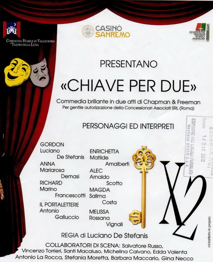 Sanremo: venerdì sera alle 21 al Casinò lo spettacolo 'Chiave per due' in beneficienza Sanremo: venerdì sera alle 21 al Casinò lo spettacolo 'Chiave per due' in beneficienza