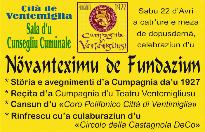 Ventimiglia: sabato 22 aprile i festeggiamenti per i 90 anni della 'Cumpagnia d’i Ventemigliusi'
