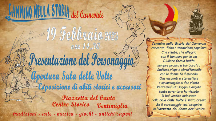 Ventimiglia, "Cammino nella Storia" propone un appuntamento con nuovo personaggio locale in abito carnevalesco Ventimiglia, "Cammino nella Storia" propone un appuntamento con nuovo personaggio locale in abito carnevalesco
