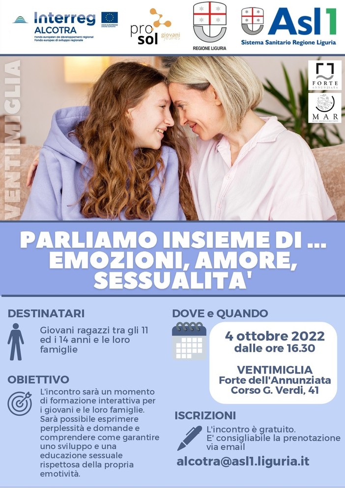 Ventimiglia: al Forte dell'Annunziata primo appuntamento con il convegno di Asl1 “Parliamo insieme di...emozioni, amore, sessualità”