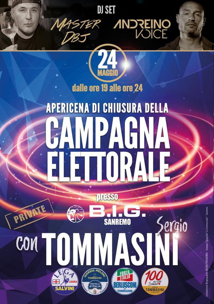 Elezioni Amministrative Sanremo: venerdì prossimo in piazza Bresca la chiusura della campagna elettorale di Sergio Tommasini