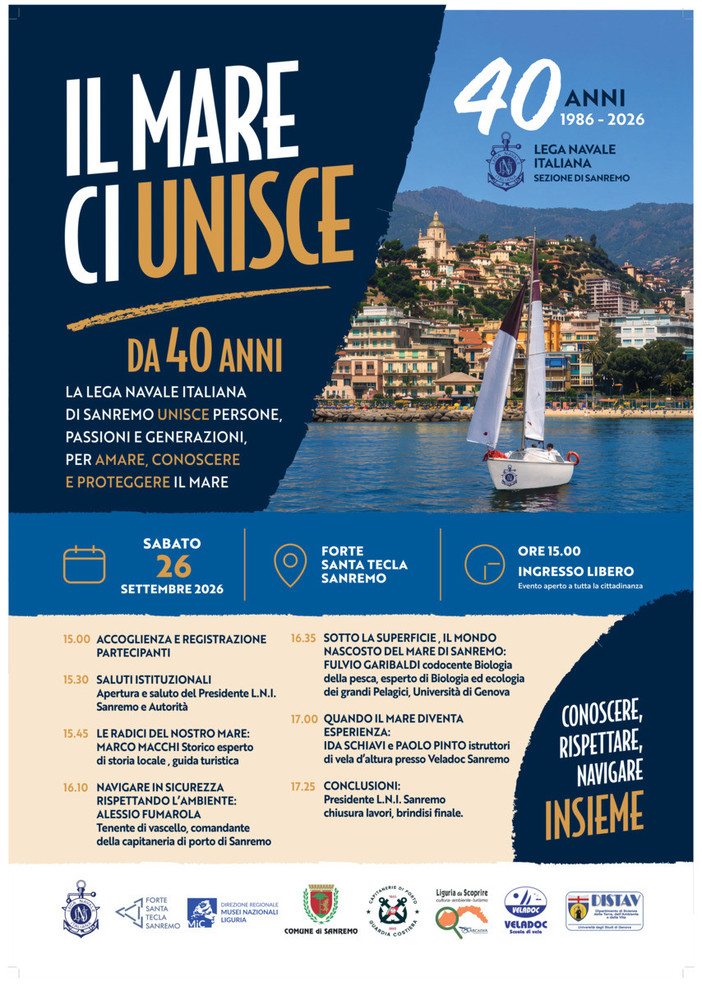 “Il mare ci unisce”: al Forte di Santa Tecla la Lega Navale Italiana di Sanremo celebra 40 anni di storia “Il mare ci unisce”: al Forte di Santa Tecla la Lega Navale Italiana di Sanremo celebra 40 anni di storia