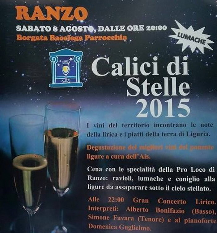 La Pro Loco Di Ranzo, l'Amministrazione Comunale e tutte le cantine del comune di Ranzo propongono 'Calici di Stelle 2015' La Pro Loco Di Ranzo, l'Amministrazione Comunale e tutte le cantine del comune di Ranzo propongono 'Calici di Stelle 2015'