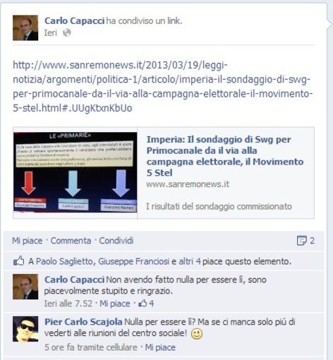 Imperia: Il figlio di Scajola a Carlo Capacci: "Ci manca solo piú di vederti alle riunioni del centro sociale!"