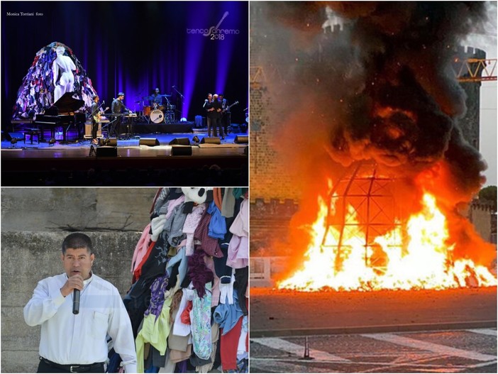 A destra: l'incendio della 'Venere degli Stracci' a Napoli (foto Ansa). A sinistra, dall'alto: la 'Venere degli stracci' al Tenco 2018 e Don Rito Alvarez A destra: l'incendio della 'Venere degli Stracci' a Napoli (foto Ansa). A sinistra, dall'alto: la 'Venere degli stracci' al Tenco 2018 e Don Rito Alvarez
