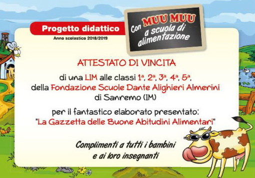 La Fondazione Almerini Dante Alighieri di Sanremo vince il concorso “Con Muu Muu a scuola di alimentazione”