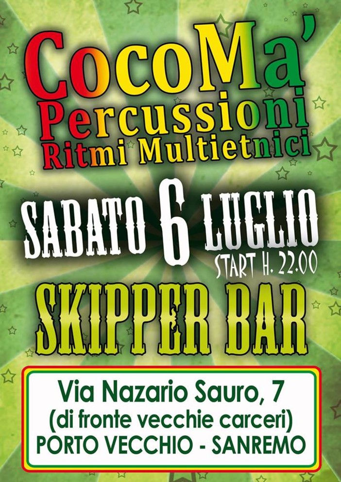 Sanremo: stasera al bar Skipper appuntamento con le percussioni etniche dei Cocomà Sanremo: stasera al bar Skipper appuntamento con le percussioni etniche dei Cocomà