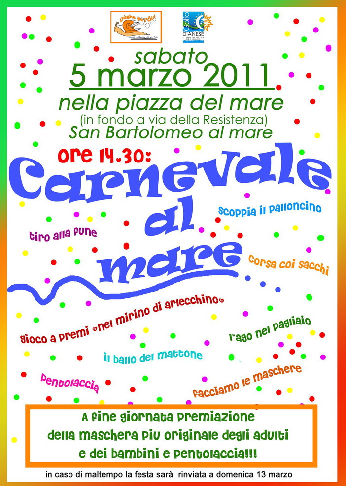 San Bartolomeo al Mare: sabato prossimo festa di Carnevale per i bambini San Bartolomeo al Mare: sabato prossimo festa di Carnevale per i bambini