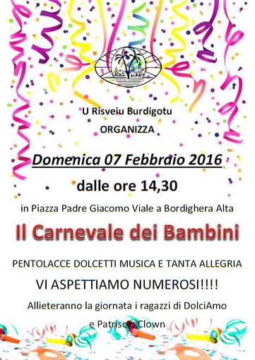 Bordighera: domenica prossima, ‘Il Carnevale dei Bambini’ dell'Associazione ‘U Risveiu Burdigotu’