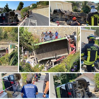 Sanremo: camion finisce fuori strada in via Val d'Olivi, conducente illeso ma problemi per rimuovere il mezzo (Foto e Video)