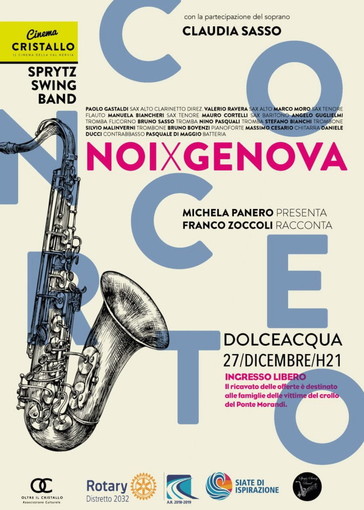 Dolceacqua: 'Noi x Genova', giovedì 27 dicembre al Cristallo un concerto della 'Sprytz swing band' Dolceacqua: 'Noi x Genova', giovedì 27 dicembre al Cristallo un concerto della 'Sprytz swing band'