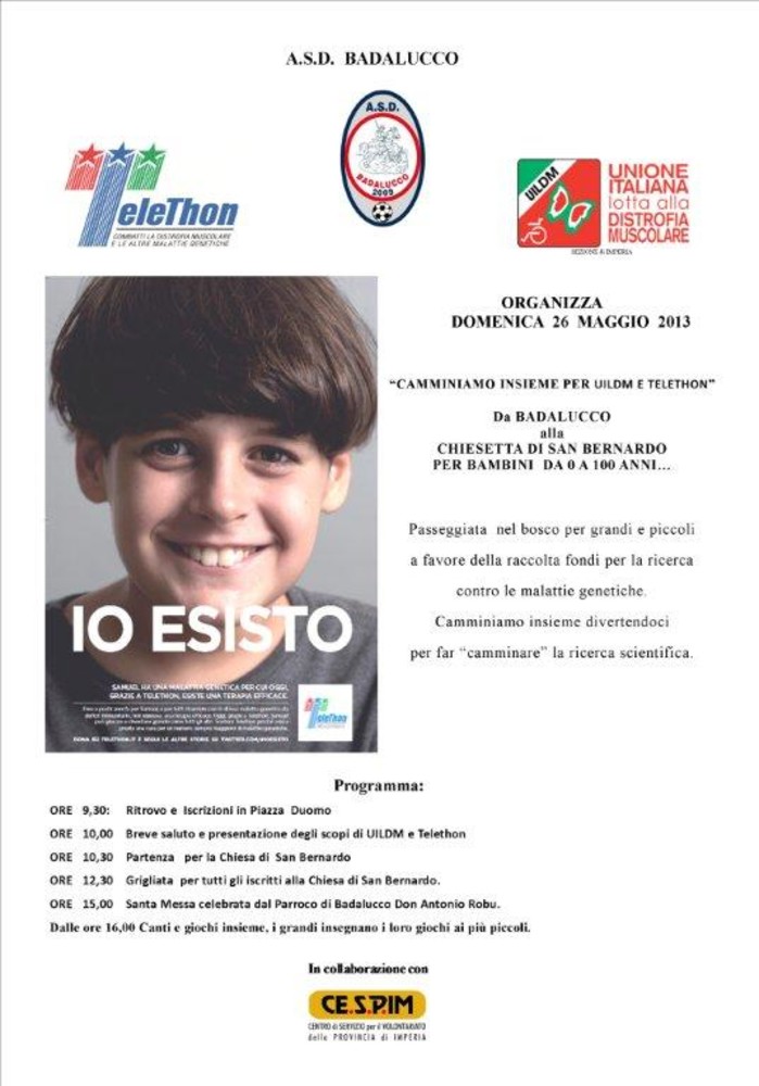 Badalucco: domenica prossima una giornata per UILDM e Telethon con "Camminiamo insieme" Badalucco: domenica prossima una giornata per UILDM e Telethon con "Camminiamo insieme"