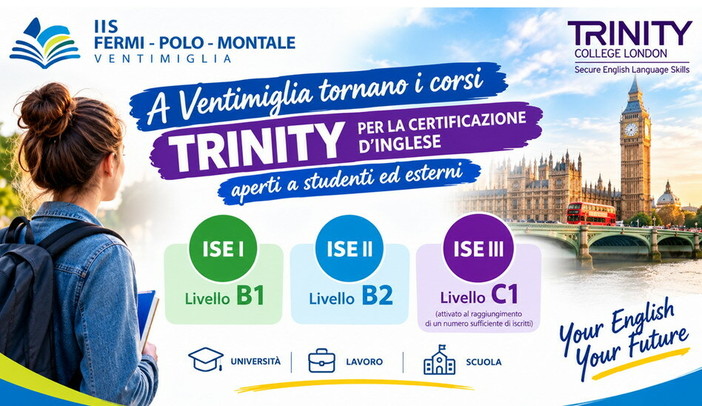 A Ventimiglia tornano i corsi Trinity per certificare l'inglese: iscrizioni aperte fino al 30 ottobre A Ventimiglia tornano i corsi Trinity per certificare l'inglese: iscrizioni aperte fino al 30 ottobre