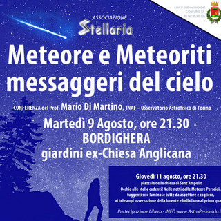 Bordighera: questa sera alla ex Chiesa Anglicana conferenza "Meteore e Meteoriti" con il prof. Mario Di Martino Bordighera: questa sera alla ex Chiesa Anglicana conferenza "Meteore e Meteoriti" con il prof. Mario Di Martino