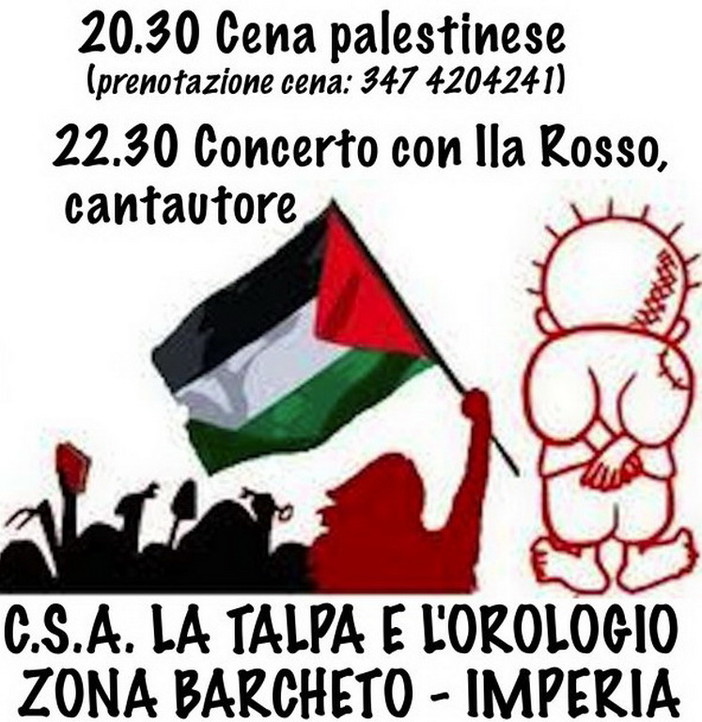Imperia: domani sera una cena palestinese con il concerto del cantautore Ila Rosso Imperia: domani sera una cena palestinese con il concerto del cantautore Ila Rosso