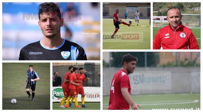 In senso orario i protagonisti della prima giornata di calciomercato nell'imperiese: Luigi Castaldo (Sanremese), Pietro Daddi (verso l'Argentina FC), Carmelo Luci (Camporosso), Paolo Scannapieco (Imperia), Armando Miceli (Taggia) e Luca Baracco (conteso da Taggia e Ospedaletti)