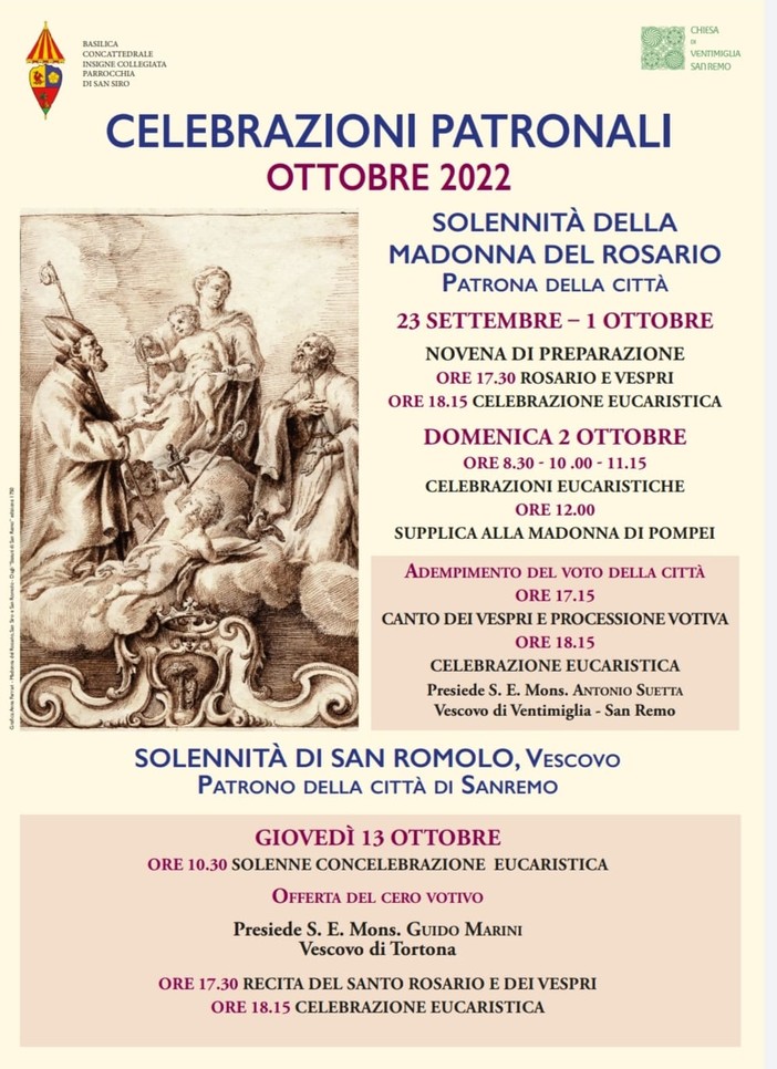 Solennità di San Romolo e della Madonna del Rosario a Sanremo: le iniziative liturgiche