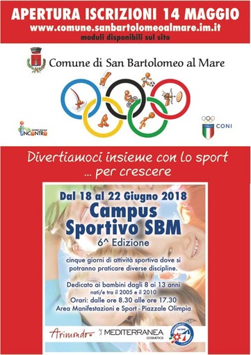 San Bartolomeo al Mare: Campus SBM, pre-iscrizioni dal 14maggio. I moduli sono già disponibili online e presso l'Ufficio IAT
